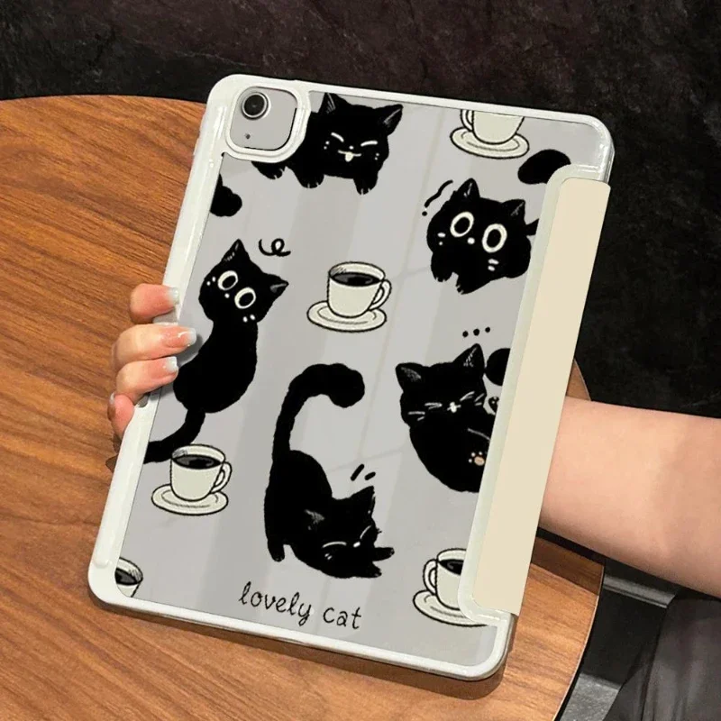 PU Acrylic Cover for IPad Air 5 Air 4 10.9 10.2 9th 8th 7th Ipad 5th 6th Generation Ipad 2017 10.5 Inch Black Cats Coffee Print