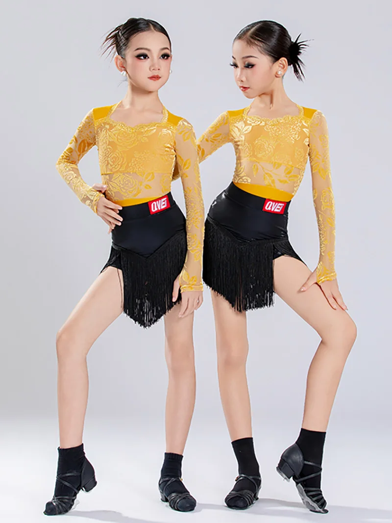 Crianças meninas trajes de dança latina amarelo impressão manga longa renda bodysuit e prática borla saias ternos salão rumba dancewear