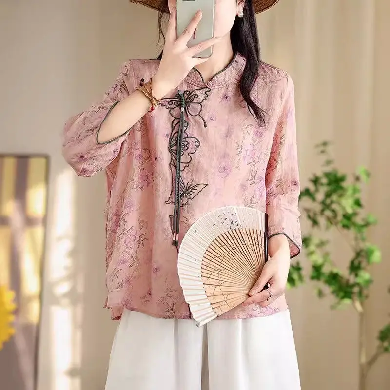 

New Chinese Style Embroidered Butterfly Shirt Artistic Loose Stand Necked Tassel Top Printed Short Sleeve Cardigan Blusa K898