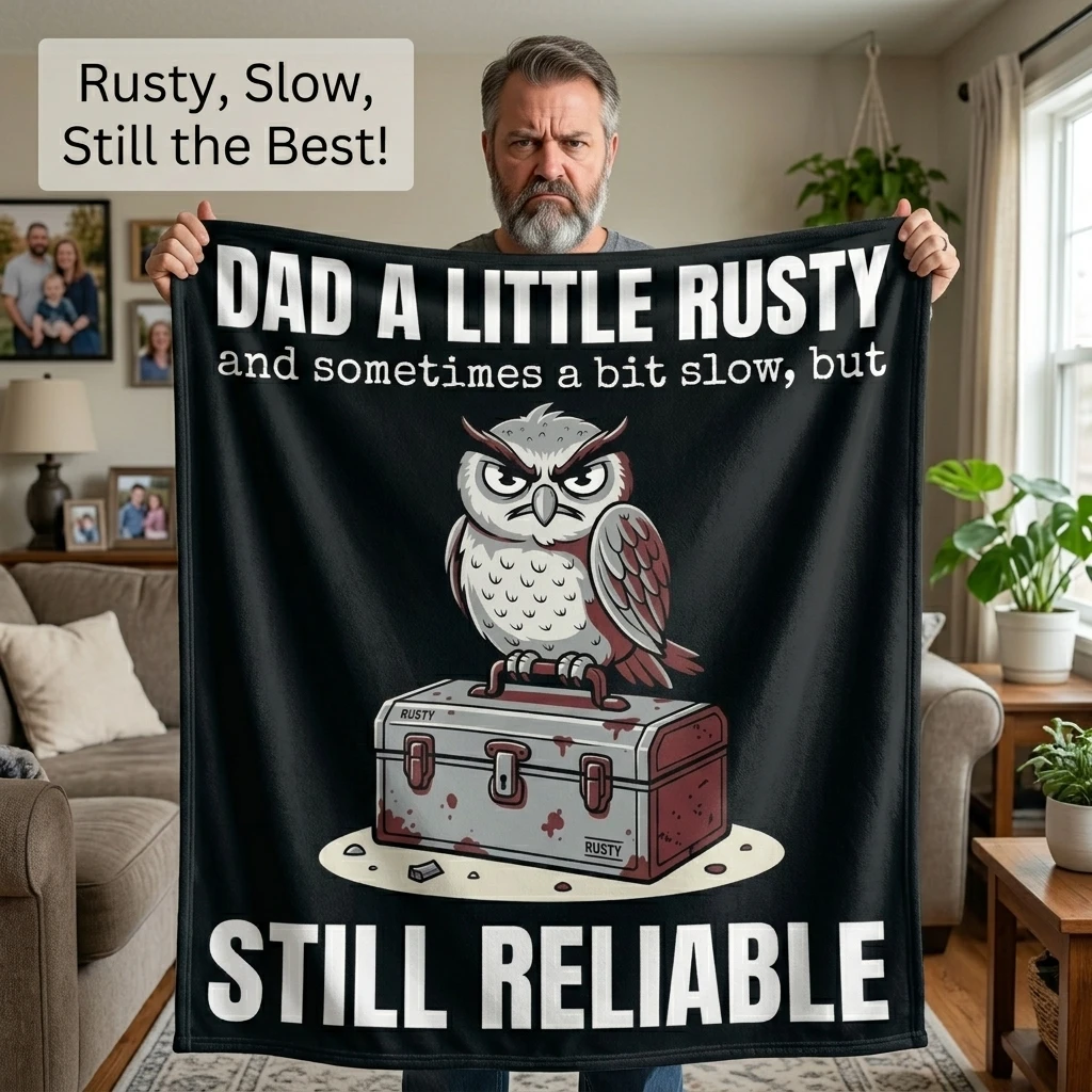 Dad A Little Rusty Still Reliable Owl Toolbox Flannel Throw Blanket, Funny Mechanic Dad Wise Owl Graphic Soft Cozy Decor Gift