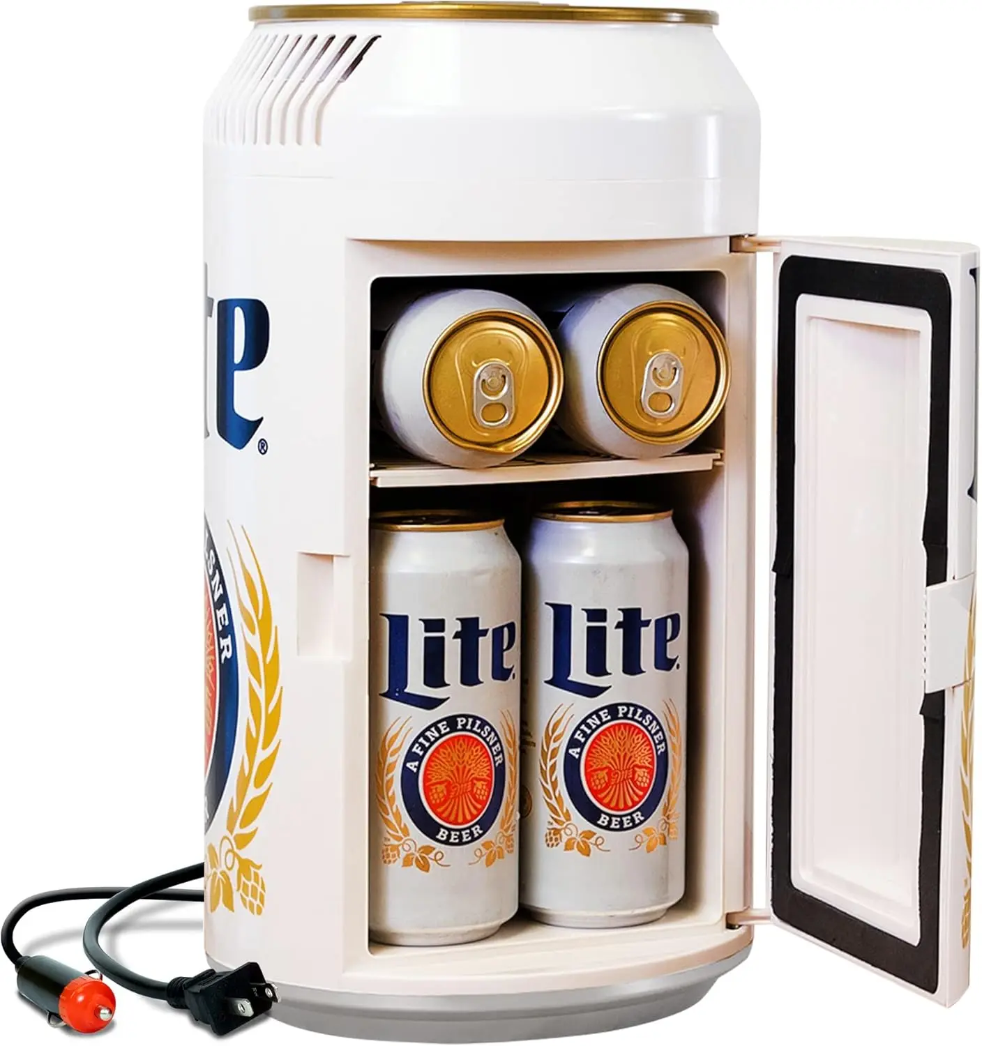 

Lite 8 Can Portable Mini Fridge w/ 12V DC and 110V AC Cords, 5.4L (5.7 qt) Beer Can Shaped Personal Cooler, White, Travel