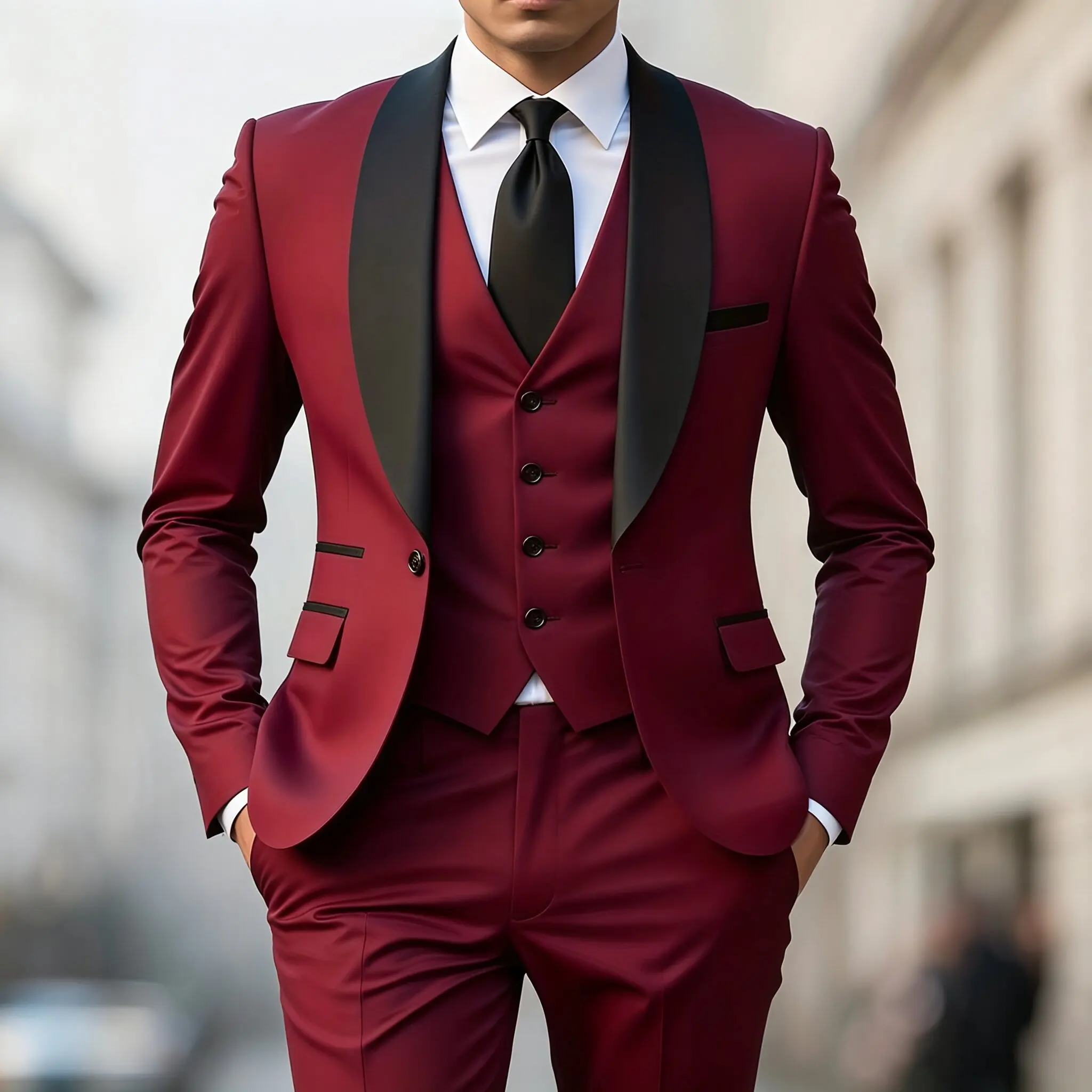 Herren Herbst Hochzeitsanzug Dreiteiliges Set Große Größe Herren Blazer Mantel Hose und Weste Modischer Slim Fit Anzug – Detail 6