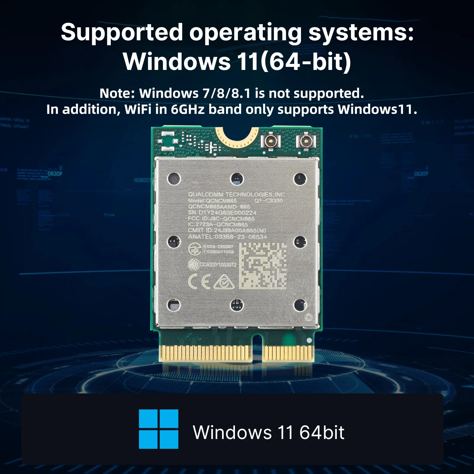 Wi-Fi inalámbrico de triple banda, WiFi7, QCNCM865, 2,4 Gbps, Bluetooth 5,3, 6E para tarjeta WiFi M.2 NGFF Wlan, solo para Win11, 802.11be