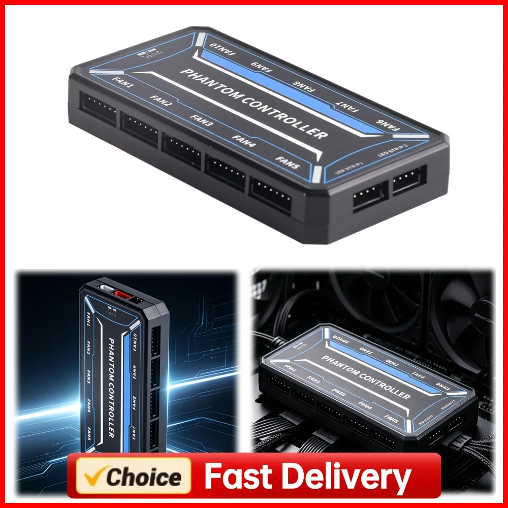 6Pin 10-Port ARGB Fan Hub Controller SATA-Powered PC Case Fan Splitter with Remote Control for RGB Computer Builds