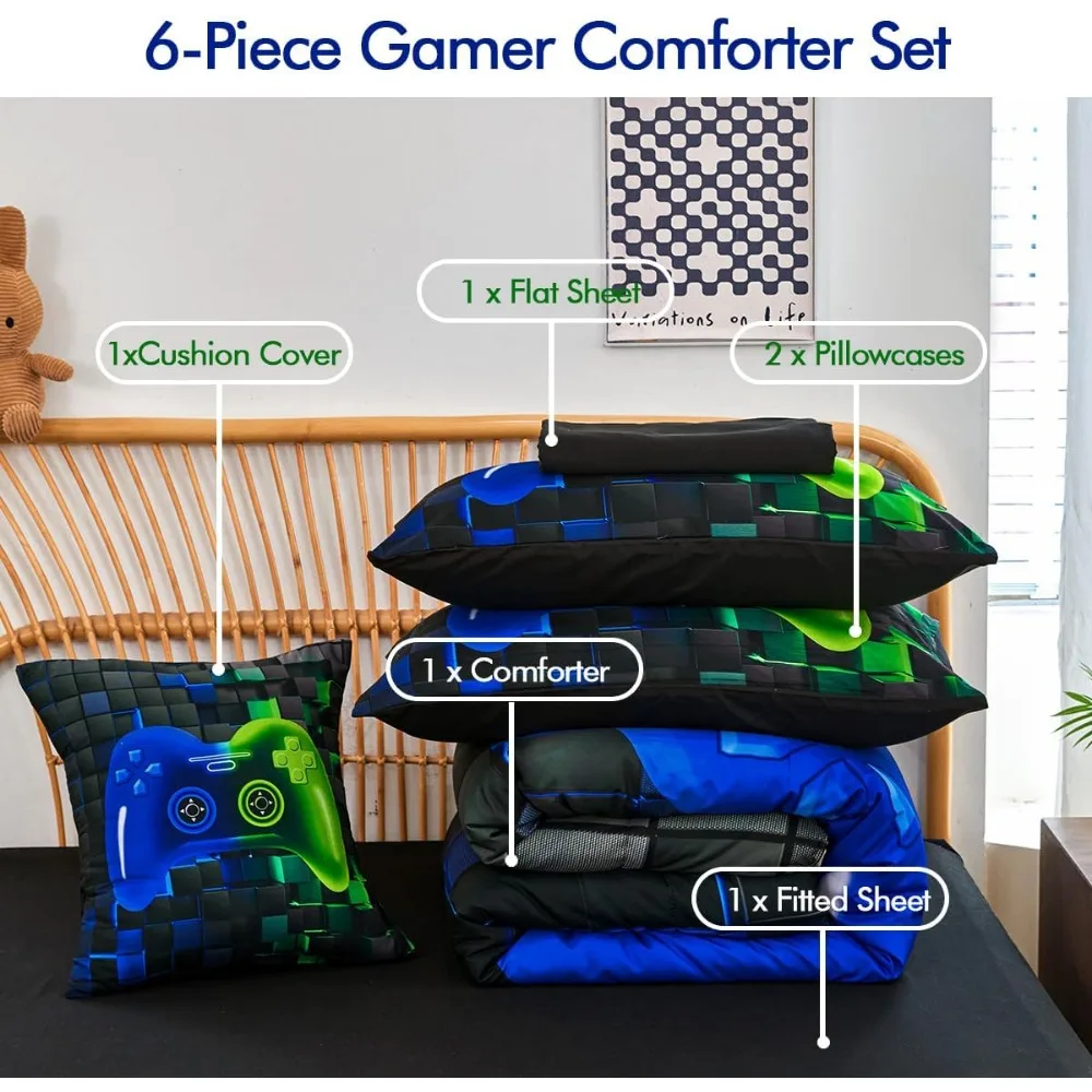 PERFEMET Jogo de 6 peças Cama de tamanho completo em uma bolsa para meninos Azul e Verde Conjunto de cama para videogame com lençóis macios e fofos impressos em 3D