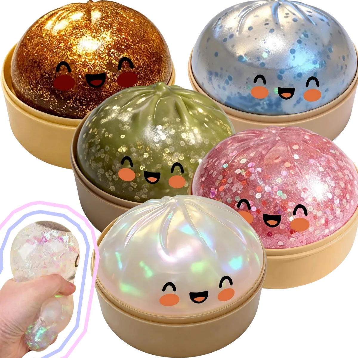 Weiches Knödel-Brötchen Squishy Spielzeug – Entspannendes Geschenk für Zuhause – Realistisches Dampfbrot – Langsam aufsteigender Glitzer-Stressball – Fidget-Schreibtischspielzeug