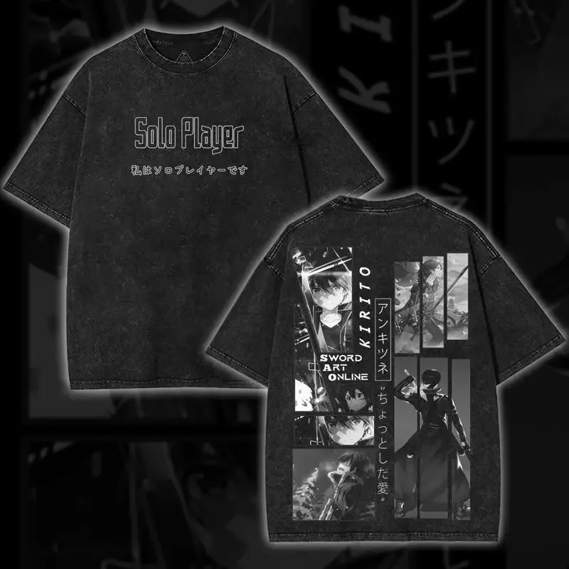 Kirito Print T-shirt Sword Art Online Anime Clothing Men Women Cotton Tshirts Vintage Washed Tee Harajuku Male Oversized T Shirt