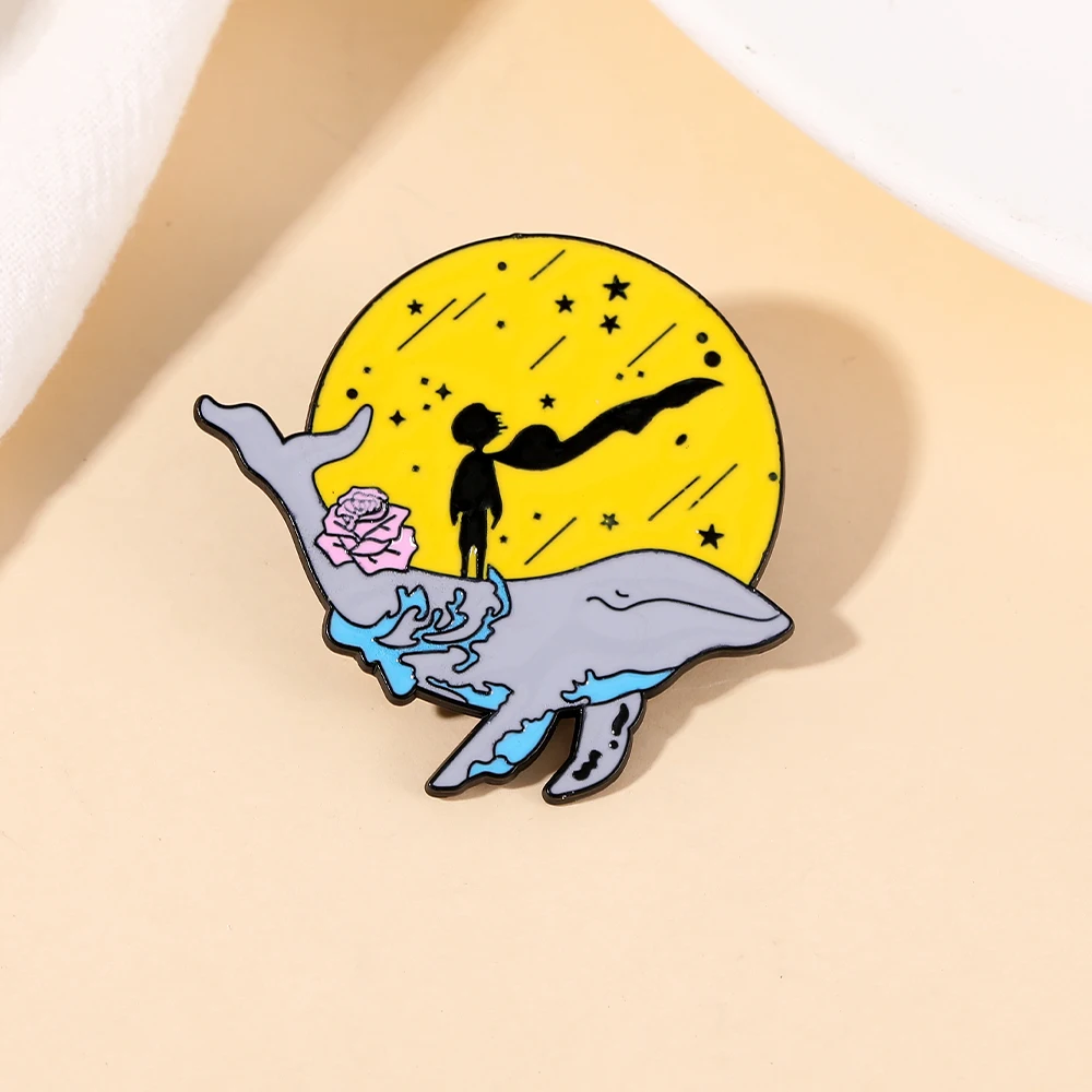 Funny Starry Sky Whale Man Pattern Design Brooches Night Space Flower The Little Prince Enamel Pins