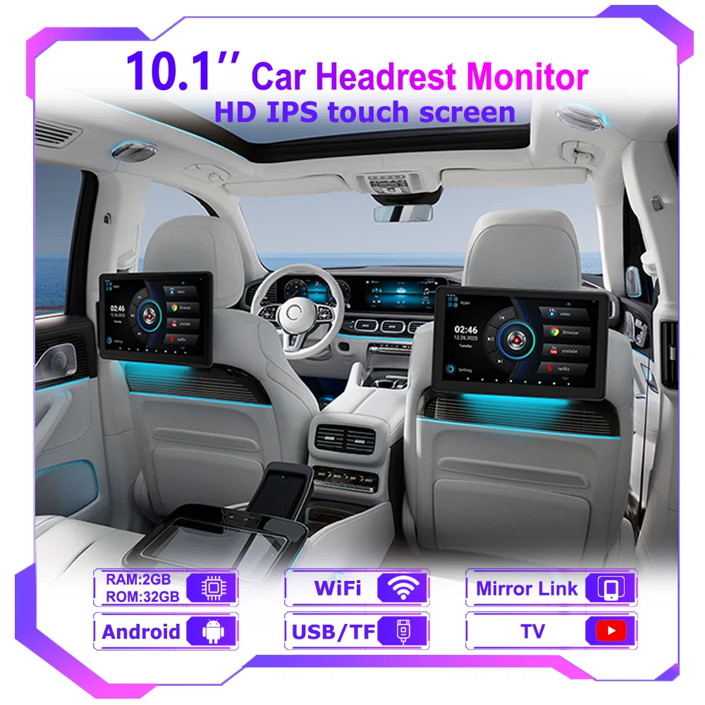10.1'' Android Headrest Monitor IPS Display For Car Rear Seats Entertainment Multimedia Carplay Player Video USB TF HDMI Input