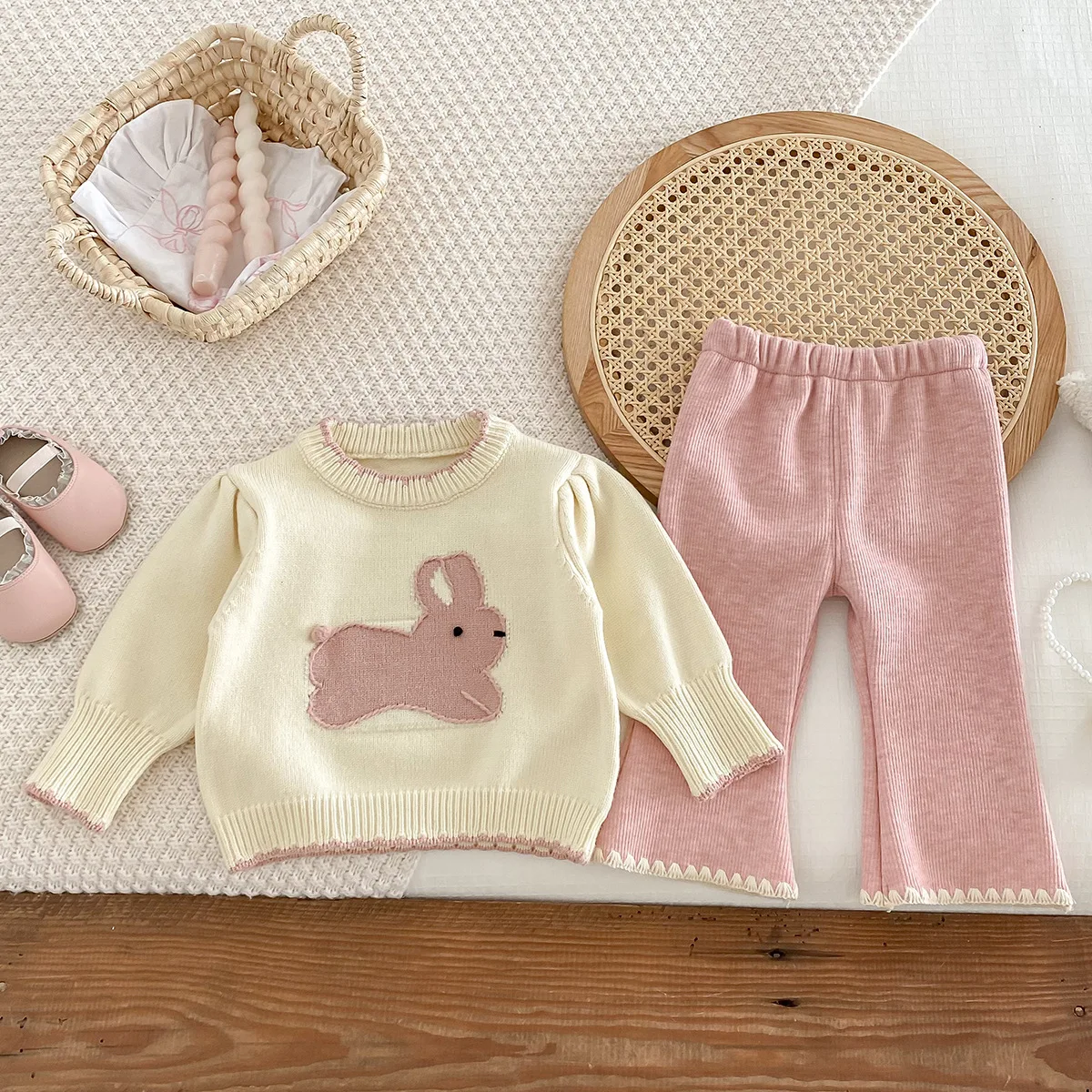 Autumn Winter 2024 Baby Girls 2PCS Knitwears Set Cotton Knitted Rabbit Sweaters Stretch Pants Suit Toddler Girls Outfits