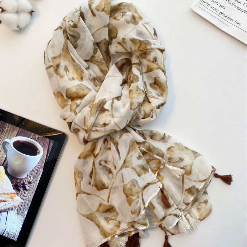 Chinese Style Summer Travel Sun Protection Scarf Hanfu Accessories Bali Gauze Autumn Ginkgo Flower Shawl Traditional Ethnic