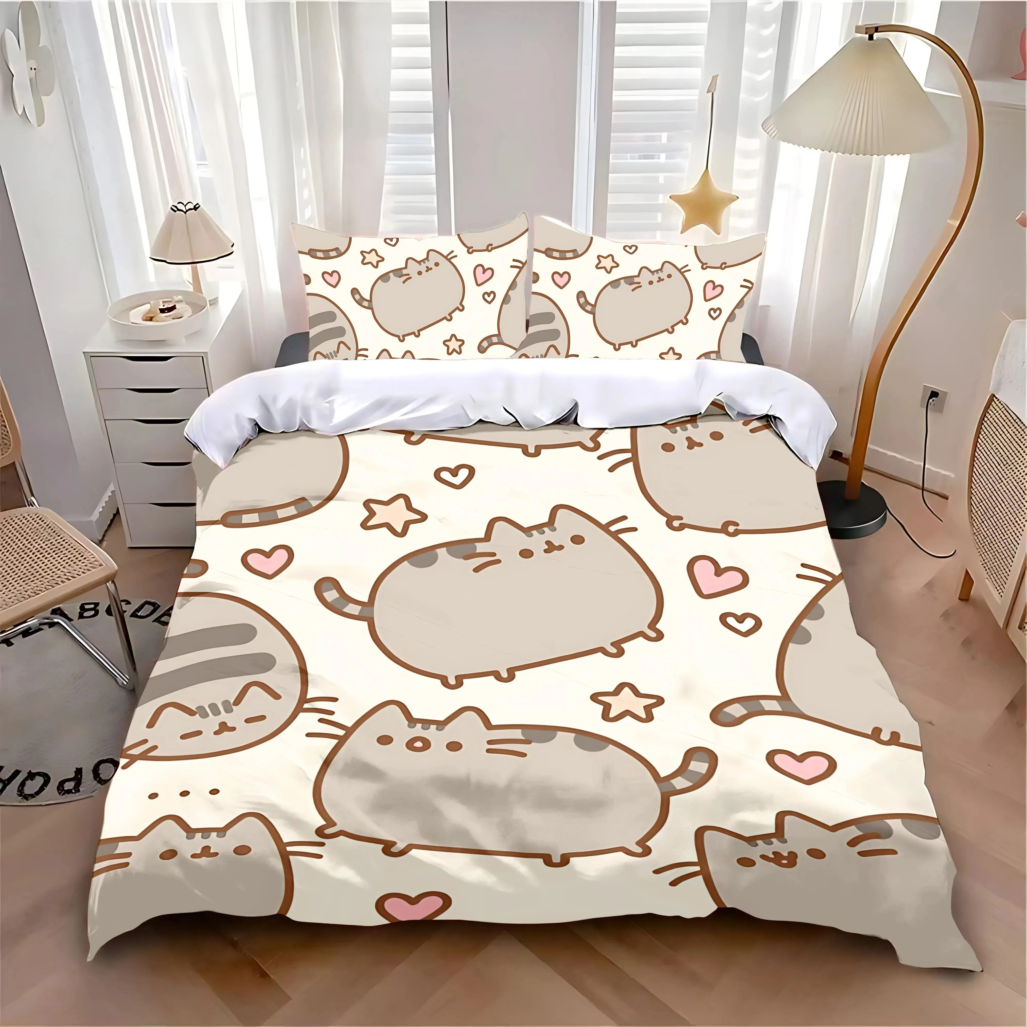 

MINISO-Cat Duvet Cover Pillowcase Bedding Set Cartoon P-PusheenS Cat Adult Boy Girl Bedroom Decoration Children