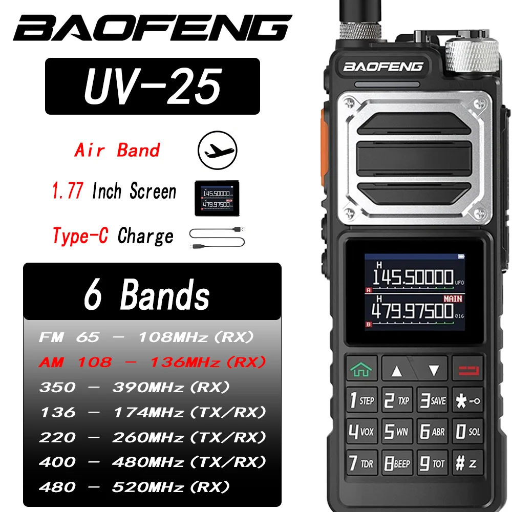 宝峰UV-25 UHF VHF航空帯域AM受信機、NOAA気象警報、999チャンネル長距離双方向無線機、00Type-C C