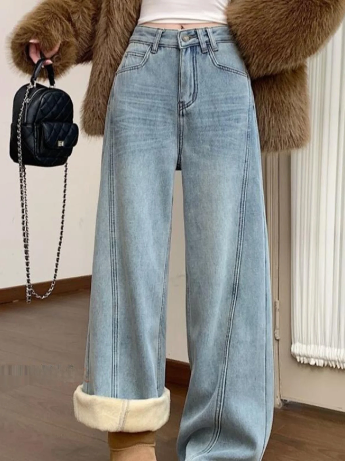 

Джинсы женские с высокой талией, на подкладке, широкие, прямого кроя, осенне-зимние, длинные брюки, асимметричный дизайн, повседневные...