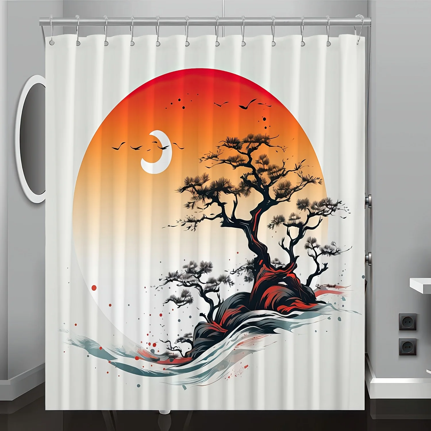 

1pc Artistic Sunset Tree Landscape Printed Shower Curtain, Polyester Fabric, Machine Washable, All-Season Bathroom Decor with