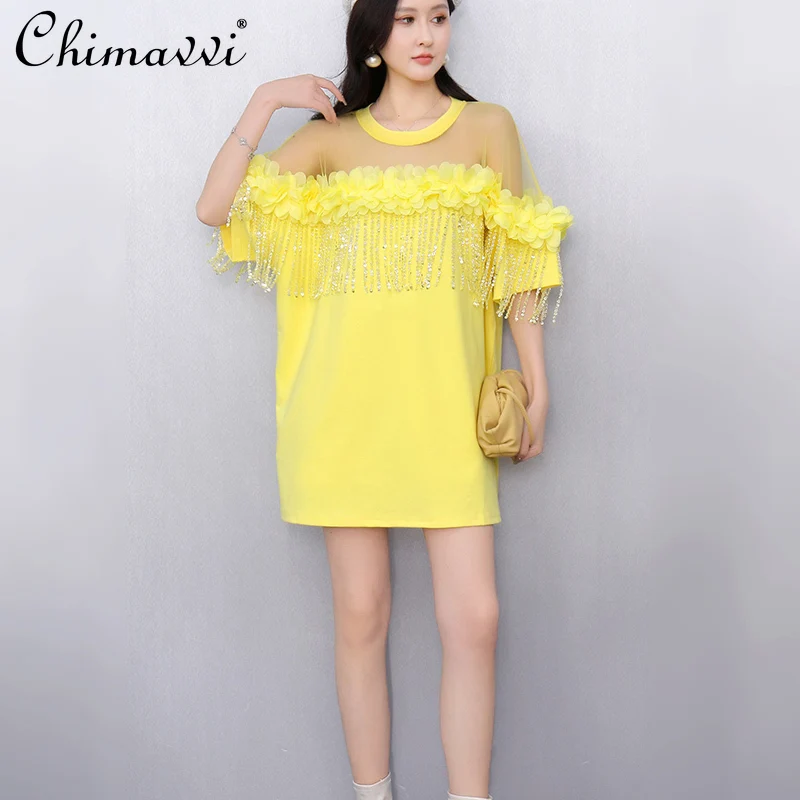 夏の新レディースファッション Tシャツルーズ大きいサイズメッシュフラワーフリンジトップファッション半袖エレガントなスウィートガールプルオーバートップ