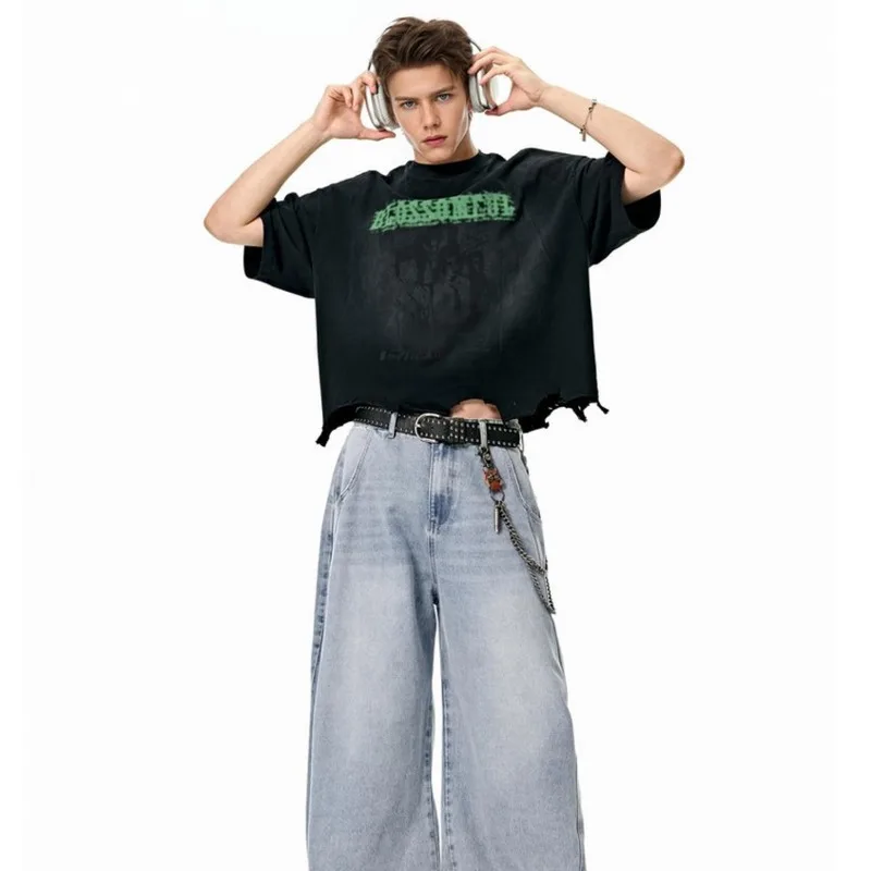 Men's Clothing Loose Fit Washed Denim Scimitar Pants Spring Summer New American Street Style Baggy Scythe Wide-Leg Pants P2WW