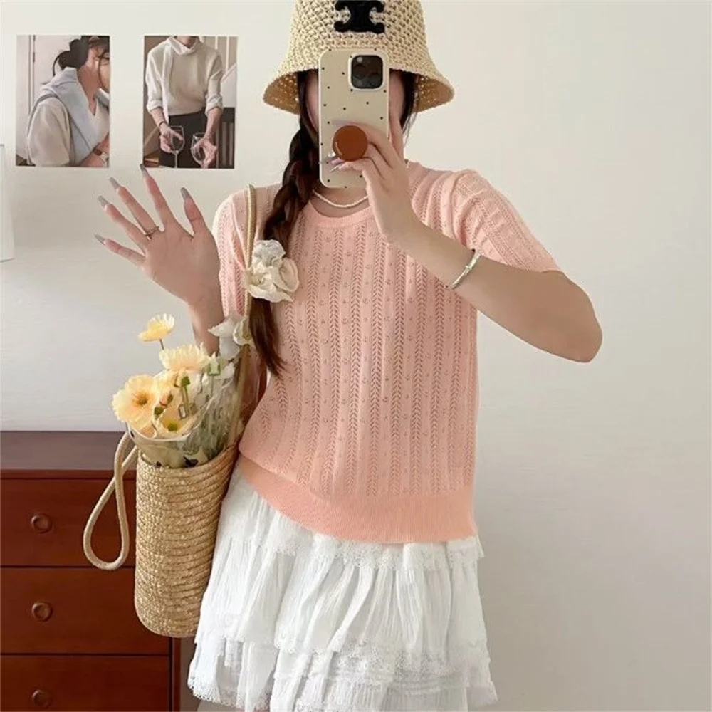 

Вязаная футболка с коротким рукавом для женщин, однотонный пуловер с круглым вырезом, женские модные тонкие футболки с вырезами, летние футболки-свитера