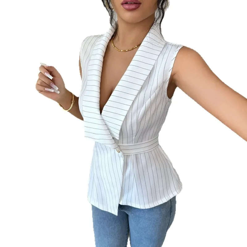 Striped Cinched-waist Blazer Sleeveless Vest Single-breasted Waistcoat with  Belt Makes One Look Slimmer　off-the-shoulder Shirt