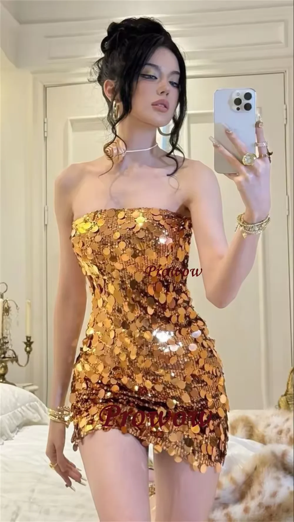 

Prowow Sexy Strapless Mermaid Short Party Prom Dresses Sequines Mini Cocktail Dress Evening Gown Customized Zip Back Sleeveless