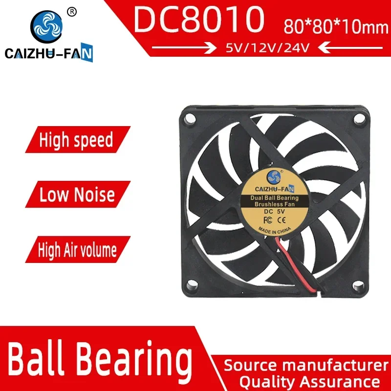 CAIZHU-FAN 8010 Fan 80MM 80*80*10MM DC 5V 12V 24V 8CM Ultra-thin Sleeve/Dual Ball Bearing Cooling Fan Comptuter CPU Cooling Fan