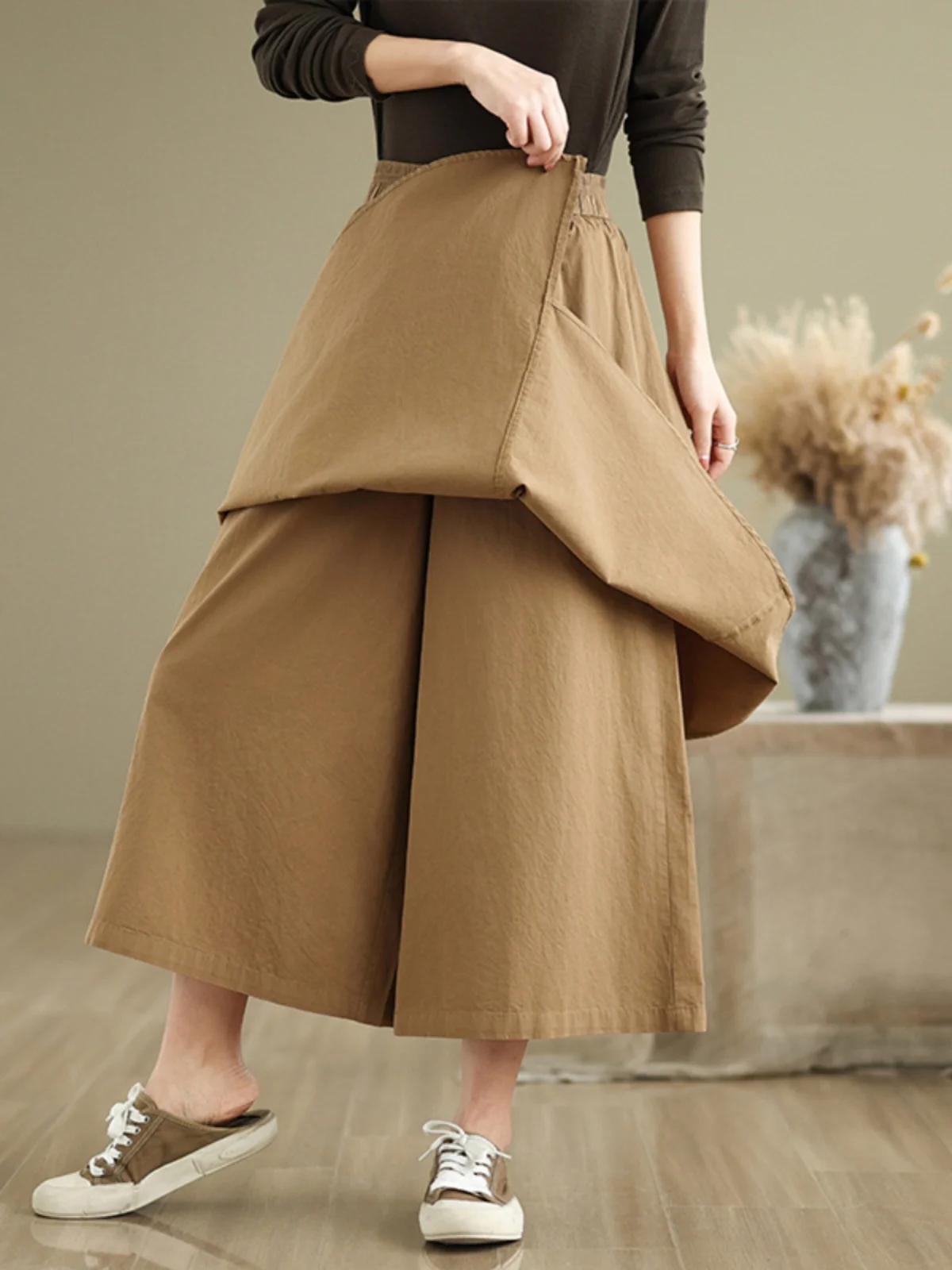 Jupe pantalon asymétrique taille haute pour femmes, ample, élastique, jambes larges, nouvelle collection été artistique Vintage, grande taille