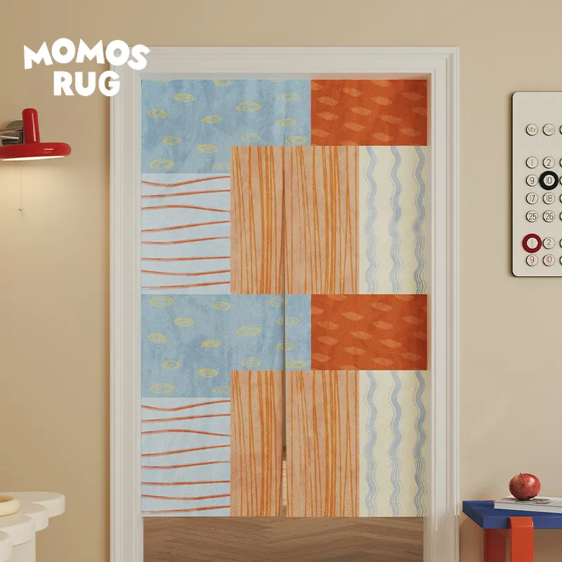 VIKAMA Abstract Geometric Patchwork Noren Door Curtain Retro Line Print Hanging Curtain Minimalist Room Divider Decor