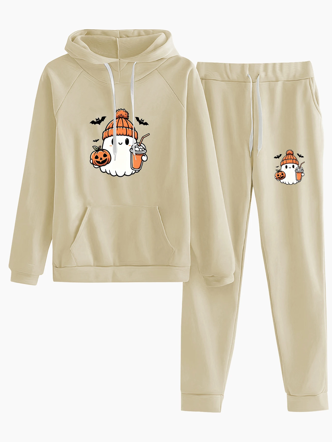 Fun and Quirky Halloween Ghost Pumpkin Print Women's Loose Oversized Hoodie, a Must-Have for Autumn and Winter, Fleece-Lined and Thickened Hoodie, European and American Trendy Style for Couples, Long-Sleeved Regular Fit, Machine Washable, Durable and Skin-Friendly, Casual Versatile Item for Women, Slimming and Flattering, Soft and Skin-Friendly, Halloween Party, Practical and Stylish Design, Sweatshirt and Jogger Pants Two-Piece Set, Women's Clothing