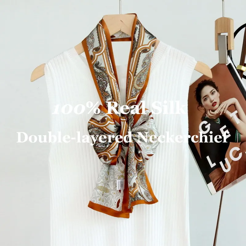 

New Fashion Skinny Narrow Neckerchief Silk Scarf Double Layer Headkerchief 100% Pure Silk Scarf Long Ribbon Tie Bag Accessories