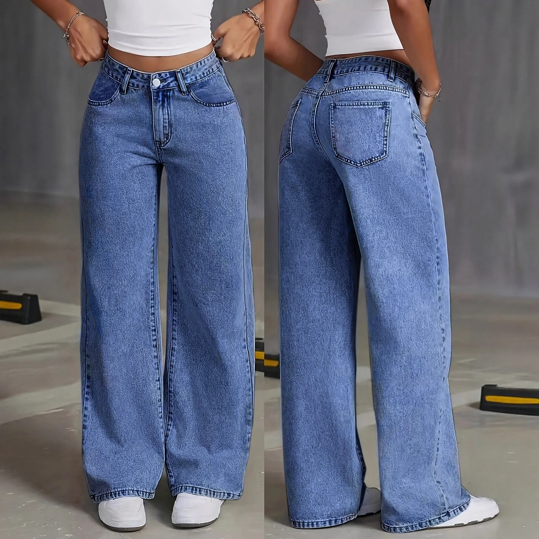 High Waist Straight Leg Jeans Women's Sweet And Spicy Style Casual Loose Long Pants Cotton Blend Folded Hem
