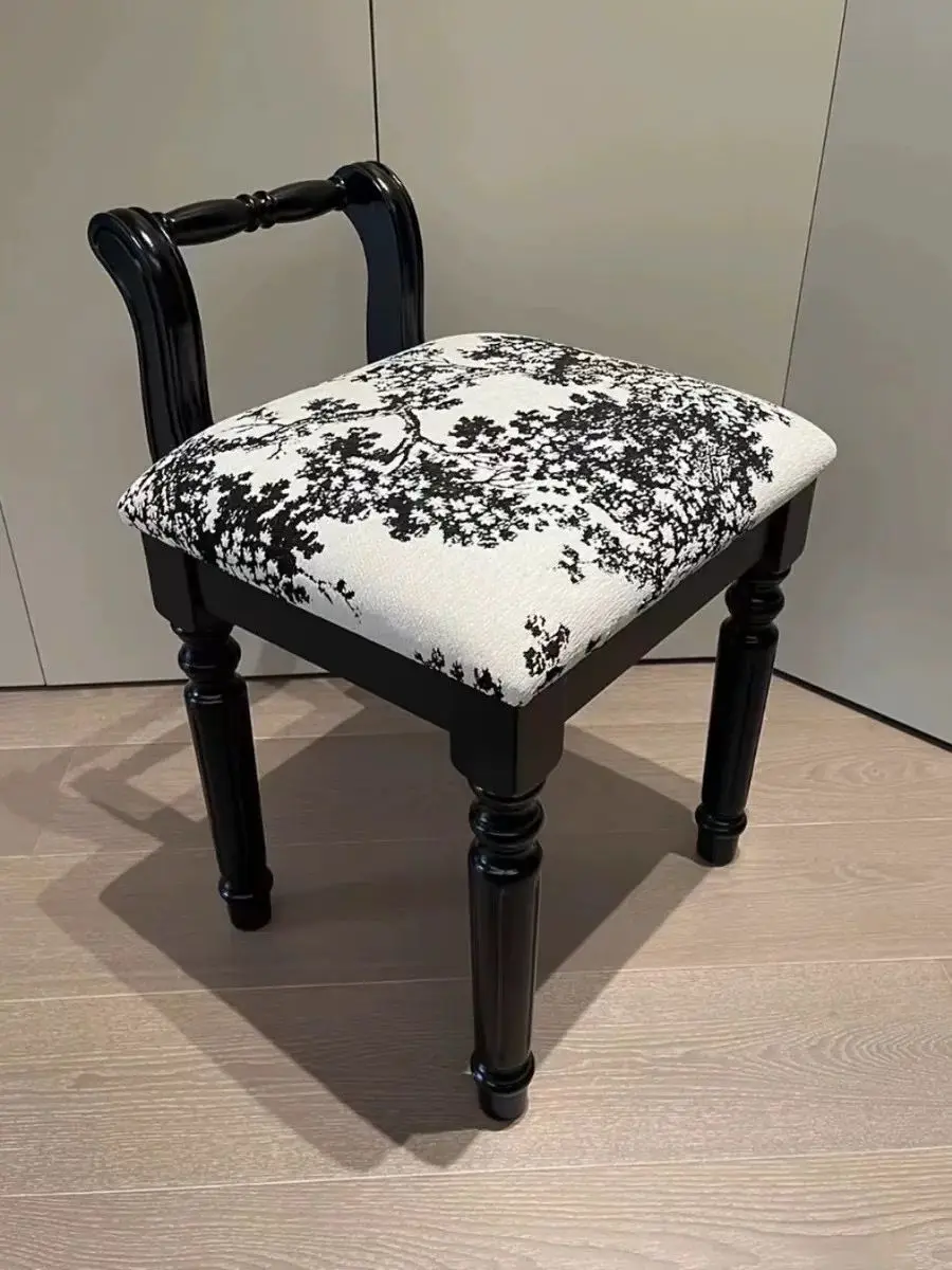 

White Wax Wood Dressing Stool Luxury Furniture Black Retro Backrest French Solid Wood Dressing Stool Seat Puffs Vanity Chair