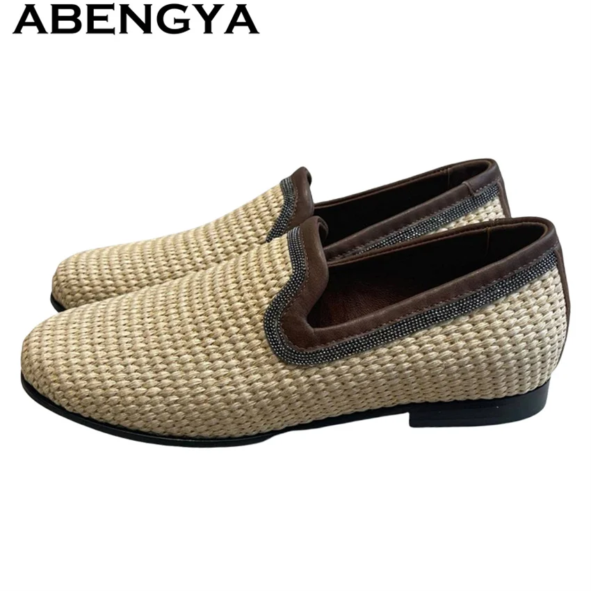 

Nude Vine Grass Weav Leather loafer Shoes Women Slip On Driving Flat Shoes 2025 Summer Fashion Ethnic Style Walk Shoes Woman