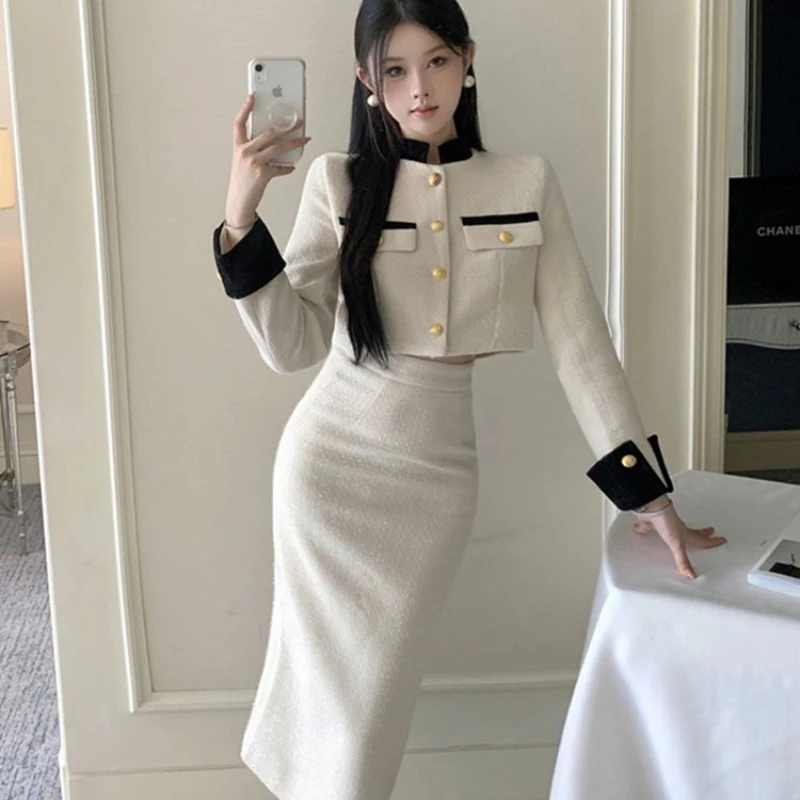 Early Autumn New French sle Elegant Socialite Classic Sle Stand Collar Breasted Outerwear High Waist Sheath Skirt Fashion Z406