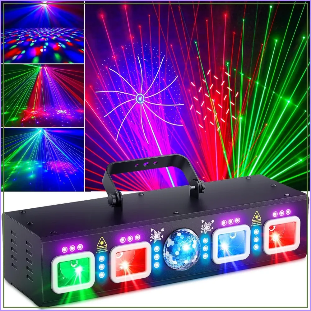 

6-in-1 DJ Light: Laser, Disco Ball, RGBW & UV Strobe, DMX & Sound Activated, 500sq ft Coverage