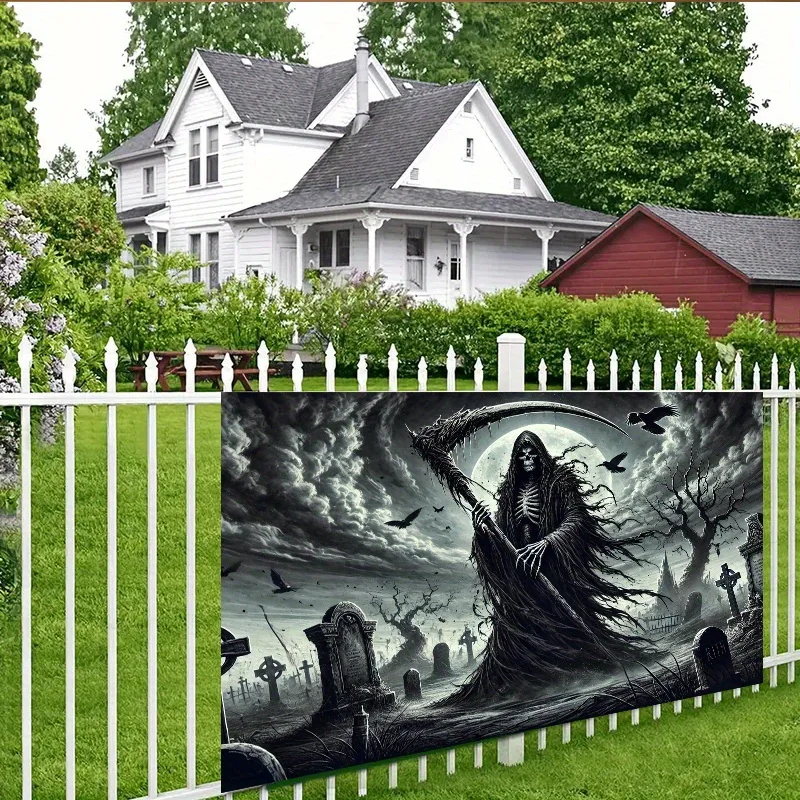 Grim Reaper Spooky Cemetery Scene Wall Hanging Tapestry Versatile Backdrop for Home Bedroom Indoor/Outdoor Decoration