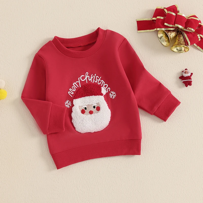 Toddler Girls Boys Christmas Sweatshirts Letter Santa Embroidery Crew Neck Long Sleeve Baby Pullovers Fall Clothes Tops