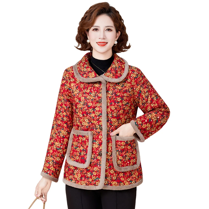 

Женская куртка для пожилых людей среднего возраста, винтажное утепленное пальто с хлопковой подкладкой и принтом, женский зимний теплый короткий топ