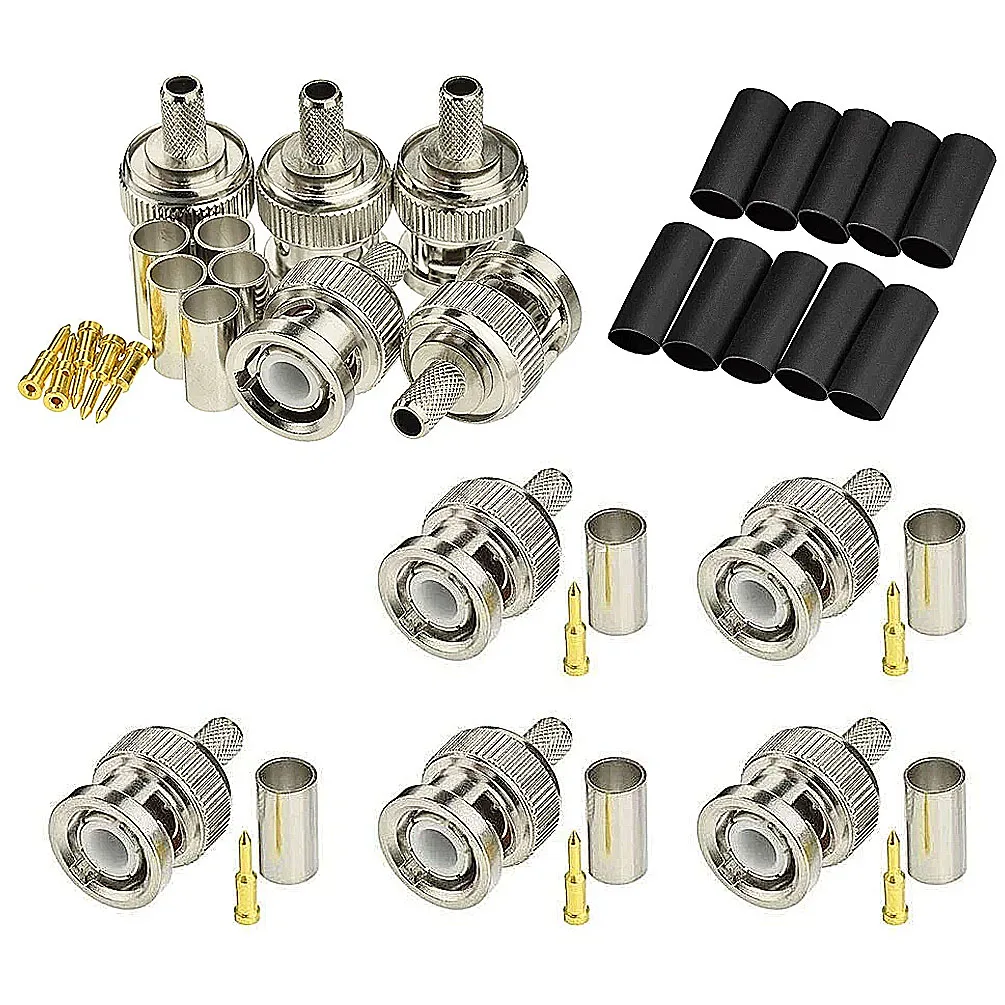 10PCS  50 Ohm BNC Male Crimp Connectors for RG58/RG59/RG60/RG142/LMR195 Coaxial Cables, Including Heat Shrink Tubes