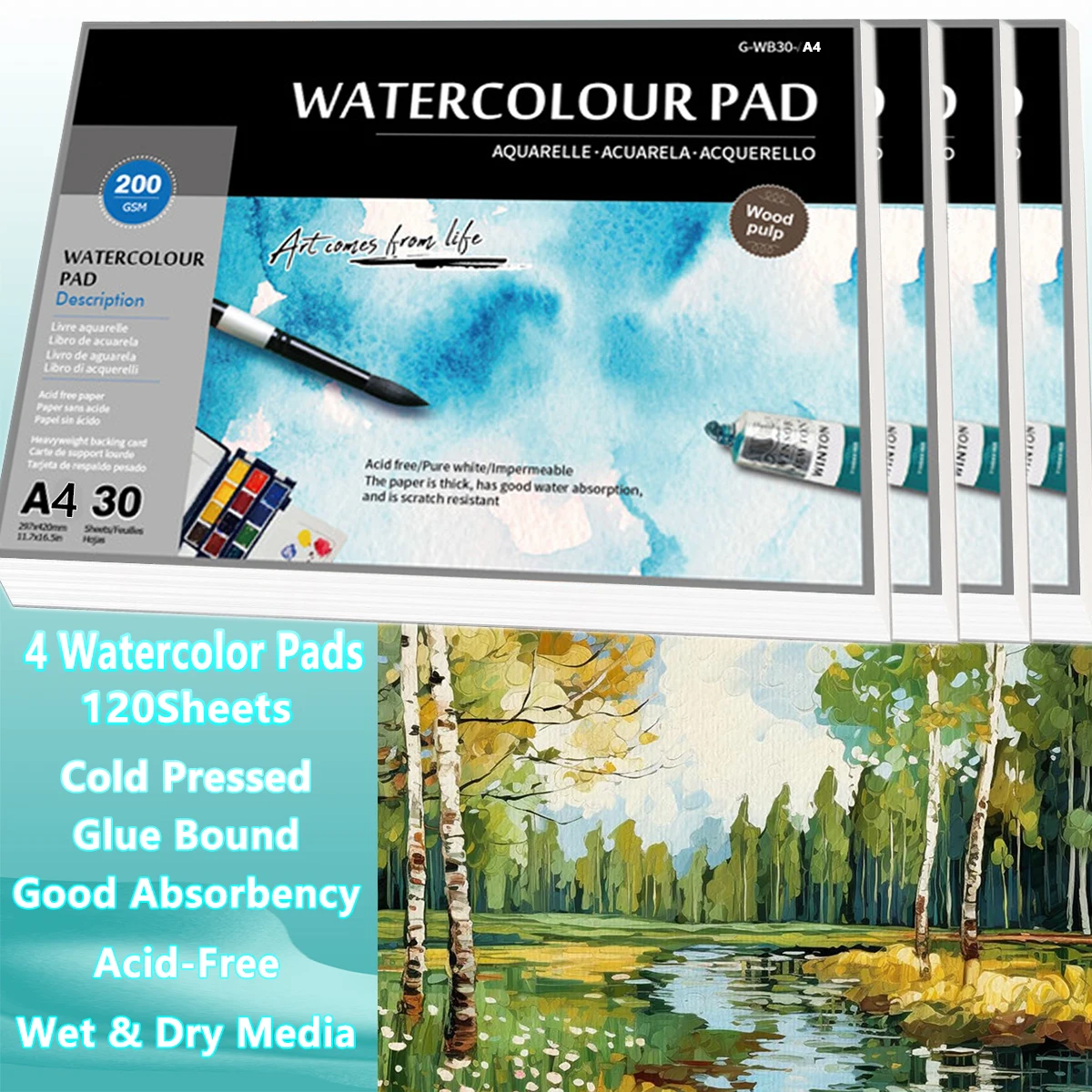 A4 Size 120 Sheets Watercolor Paper Pad 8.27 X 11.69in 200gsm Acid-Free for Adult Painting Notebook Art Supplies