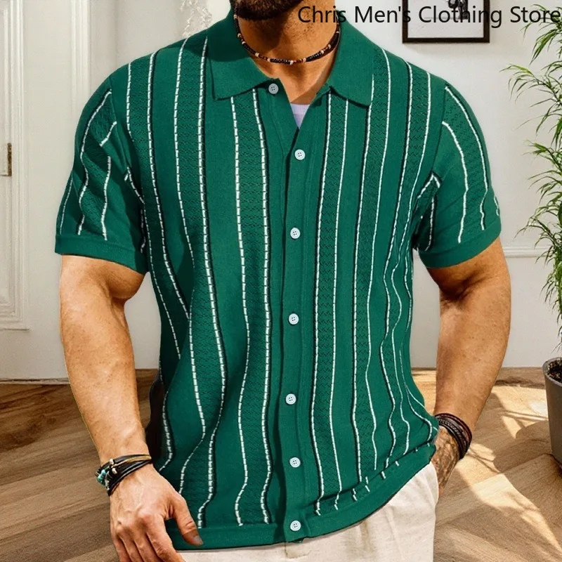 

Business Casual Fashionable and Trendy Men's Top High-quality Summer Men's Polo Shirt, Striped Knitted Short-sleeved Shirt