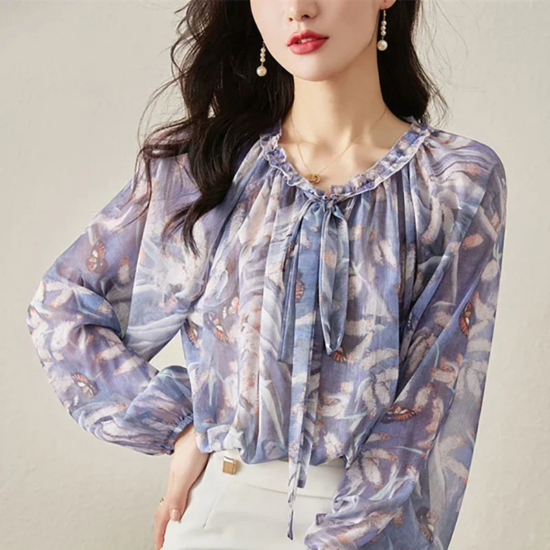 

Fashion Printed Ruffle Lace Up Bow Floral Blouses Women Clothing Spring Summer New Loose All-match Tops Office Lady Shirts B116