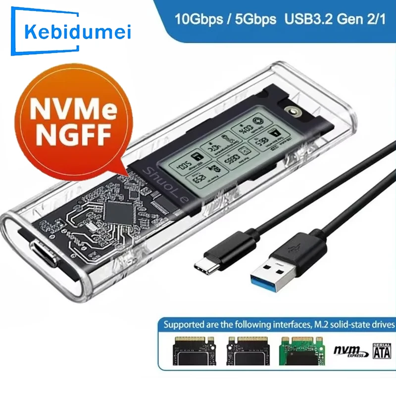 

Корпус SSD с двумя протоколами M.2 NVME/NGFF, прозрачный корпус для жесткого диска USB3.2 типа C с интеллектуальным дисплеем, адаптер SATA SSD