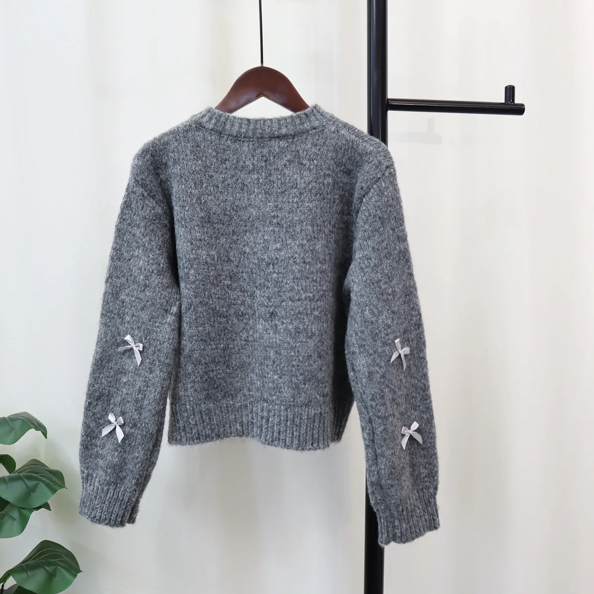 Kawaii Bow Knitted Cardigan Women Long Sleeve Grey Sweater Korean Casual Cardigan For Women Harajuku Loose Coat