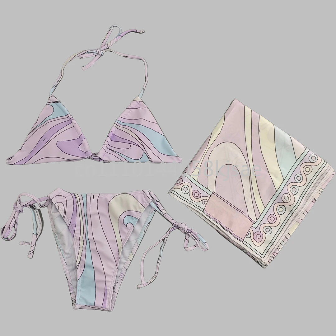 

Классический дизайн: женские пляжные комплекты бикини с фиолетовым шарфом от дизайнерского бренда, купальник с шарфом