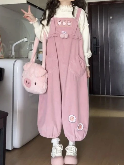 

2026 new Sweet Kawaii Casual Pink Fashion Harajuku Cargo Harem Pants Women Bow Girls Overalls Streetwear Vintage Cute Jumpsuit