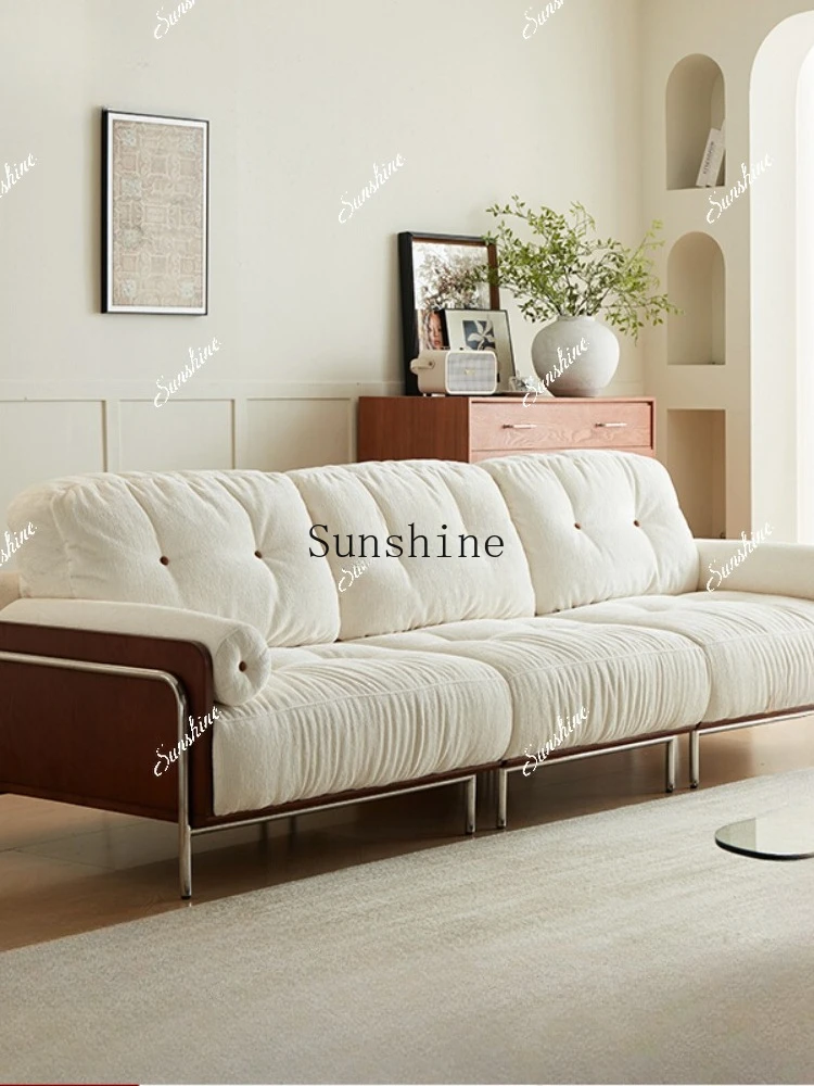 

French retro living room solid wood straight row chenille fabric small apartment medieval sofa