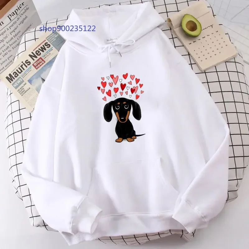 Dachshund Heart Hoodies Woman Cute Cartoon dog Hooded Oversized Unisex Hoodie Sweatshirt Casual Tops Winter Clothes Women