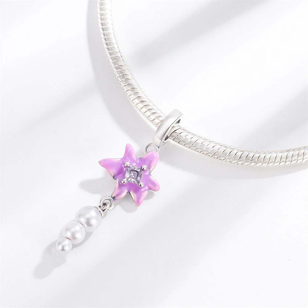 Pan Charms Original Purple Flower & Pearl Dangle Charm Bracelet Pendant Jewelry