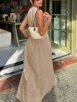 UOOZEE Office Lady Commute Pleated A-line Dress 2026 New Summer Fashion Solid Color Sleeveless Zipper Evening Maxi Dresses - Image 4
