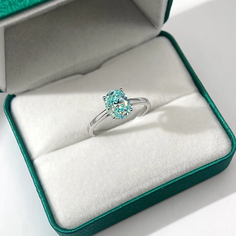 OEVAS Real 1CT / 2 Carat Oval Aquamarine Moissanite Ring For Women Rhodium Plated 925 Sterling Silver Diamond Fine Jewelry